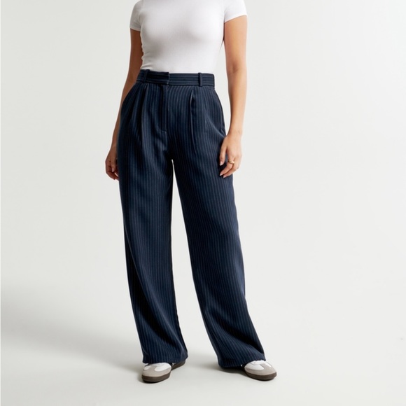Abercrombie Tailored Relaxed Straight Pant - Navy Pinstripe - Picture 1 of 8